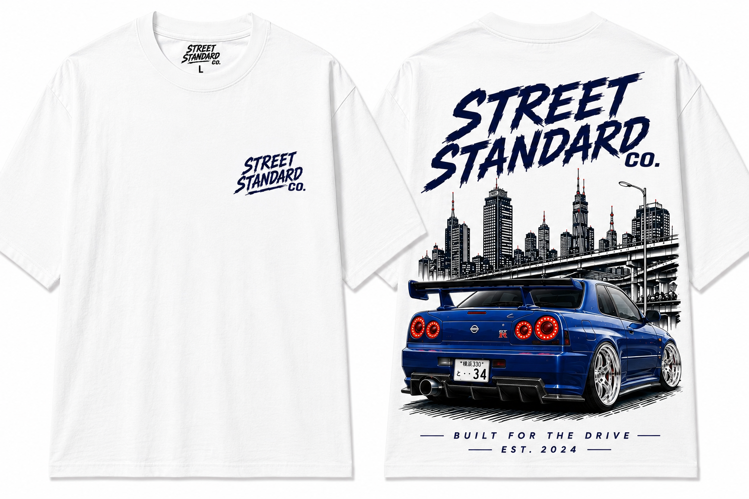 White short-sleeve T-shirt shown front and back. The front has a small dark blue 'Street Standard Co.
